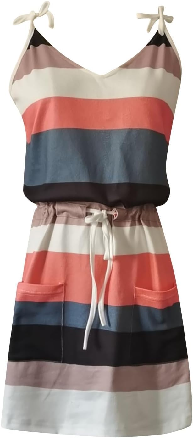 Women Summer Casual Striped Dress Drawstring Waist Tie Knot Mini Dresses Short Sleeve V Neck Tank Dress with Pocket
