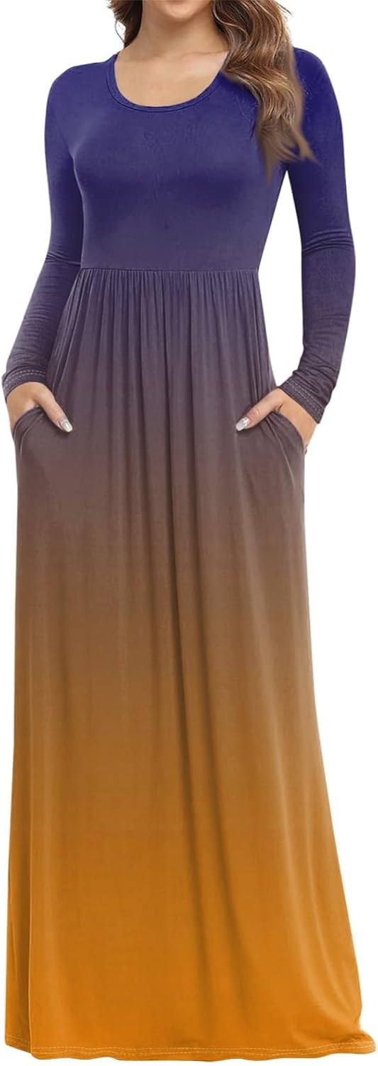 Long Sleeve Maxi Dress for Women Elegant Crew Neck Flowy Swing Dresses Solid Color Wedding Guest Dresses