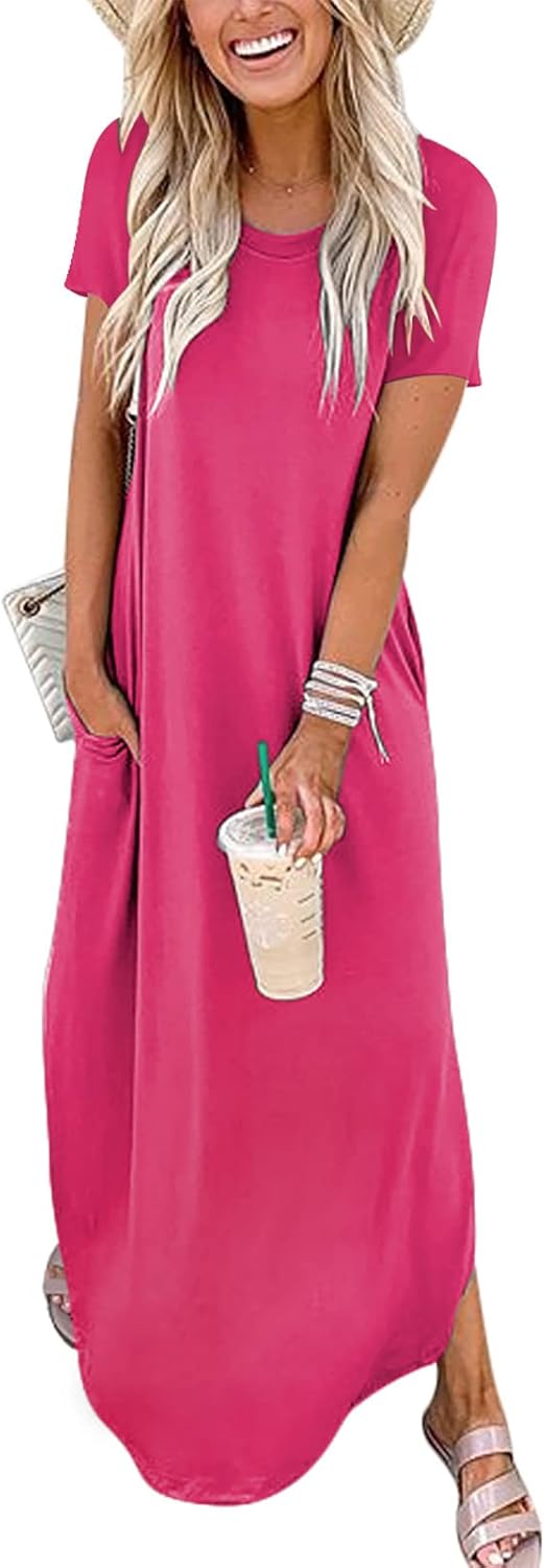 ANRABESS Women's Summer Casual Loose Short Sleeve Long T Shirt Dress Split Maxi Beach Sundress Travel Vacation Outfits