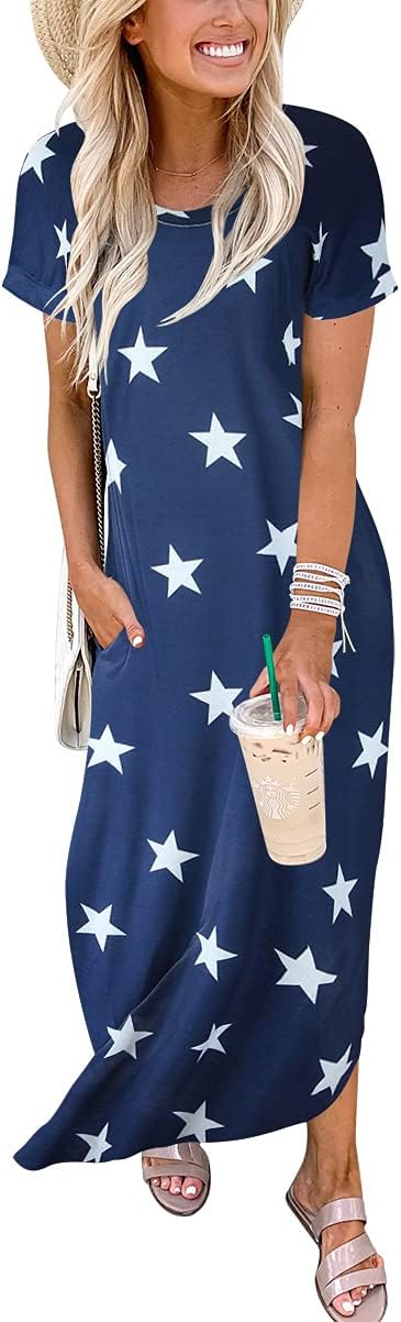ANRABESS Women's Summer Casual Loose Short Sleeve Long T Shirt Dress Split Maxi Beach Sundress Travel Vacation Outfits