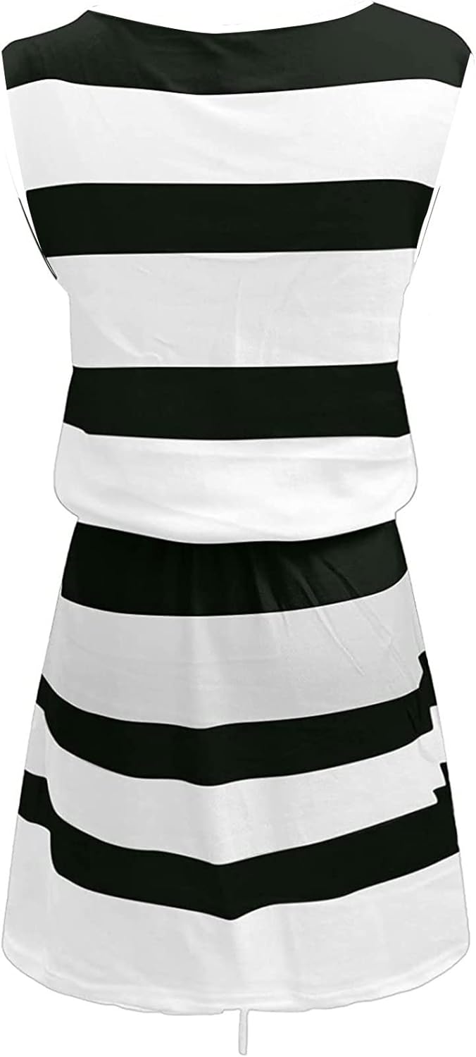 Women Summer Casual Striped Dress Drawstring Waist Tie Knot Mini Dresses Short Sleeve V Neck Tank Dress with Pocket