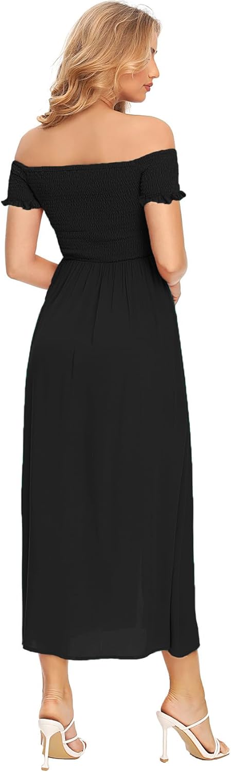 Floerns Women's Boho Floral Print Off Shoulder Split Long A Line Dress