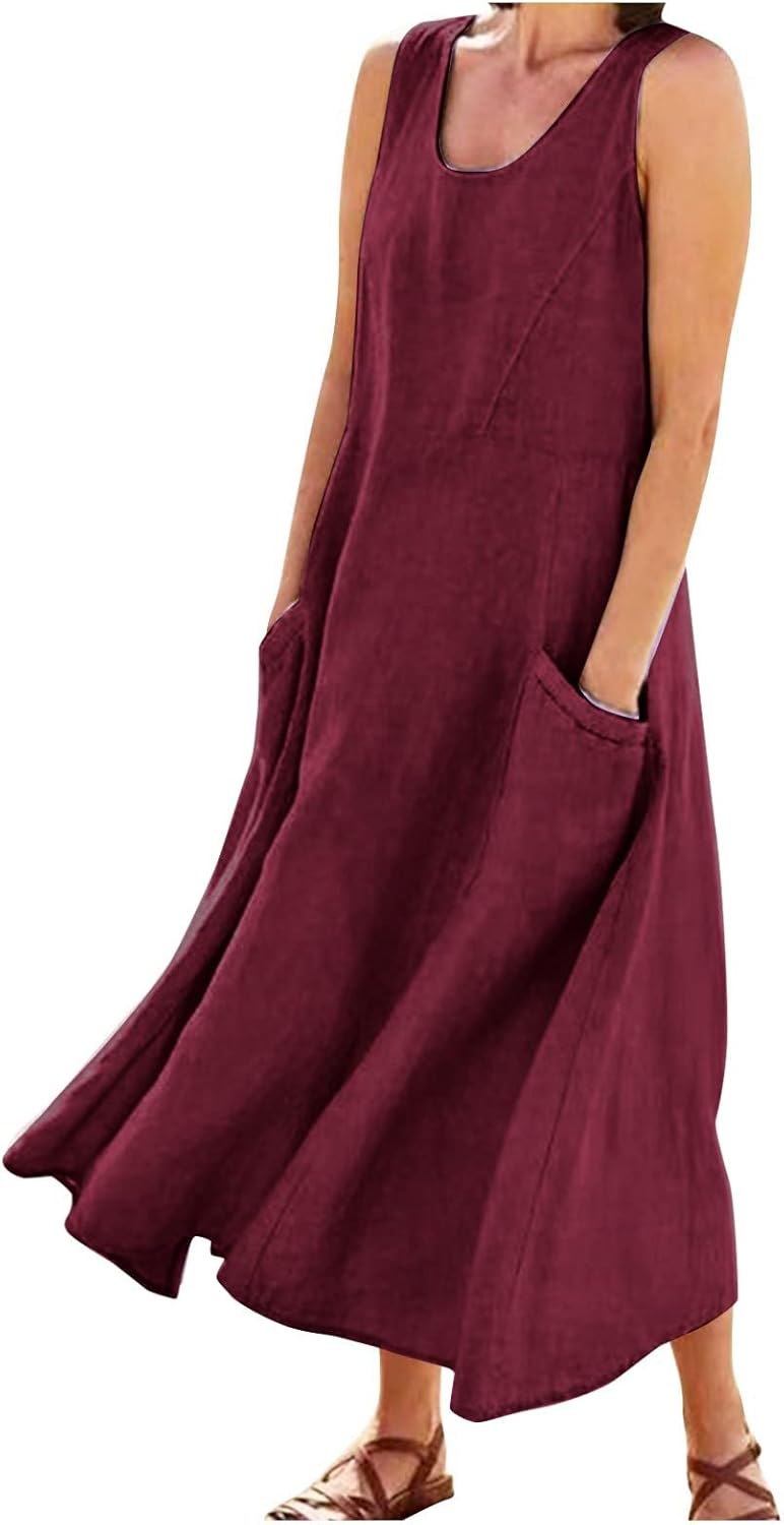Women's Casual Sleeveless Dresses, Cotton Linen Pocket Dresses Summer Dresses for Women 2024 Sundresses Beach Dress