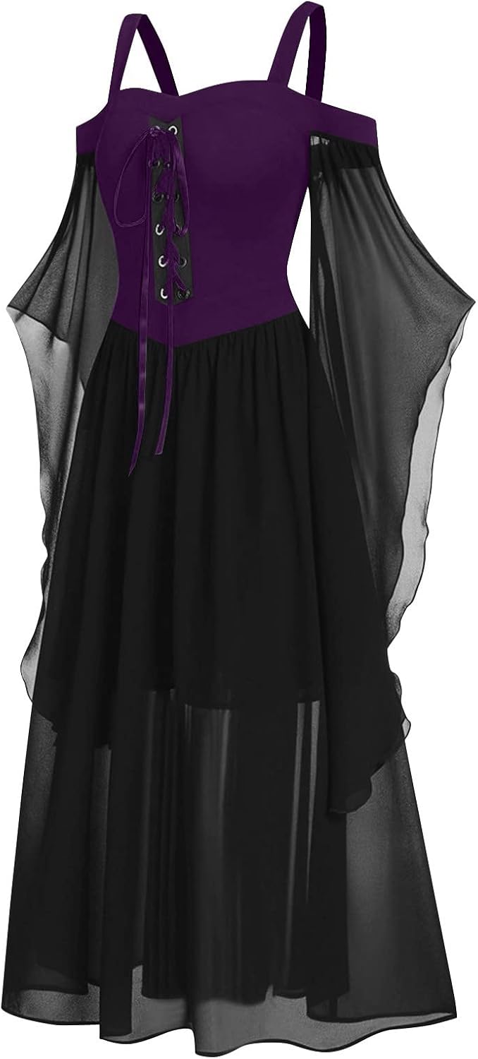 Women Casual Cold Shoulder Dress Solid Color Lace Butterfly Sleeve Halloween Retro Cocktail Party Gothic Prom Dress