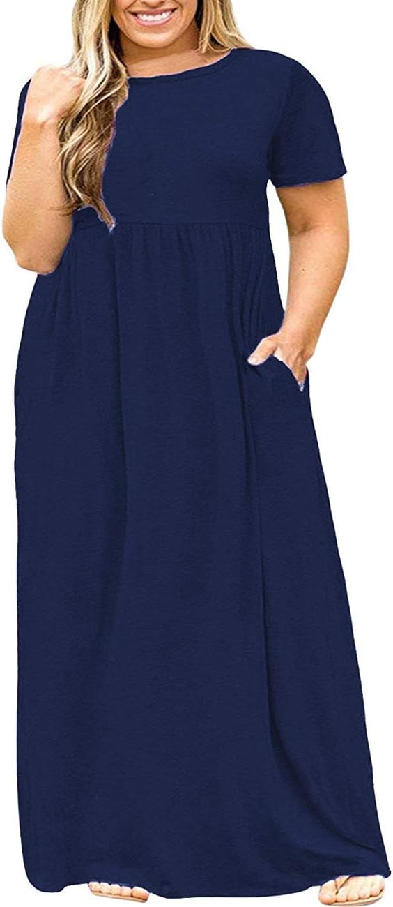 Kancystore Women's Short Sleeve Plus Size Maxi Dress with Pockets Loose Casual Summer Dresses