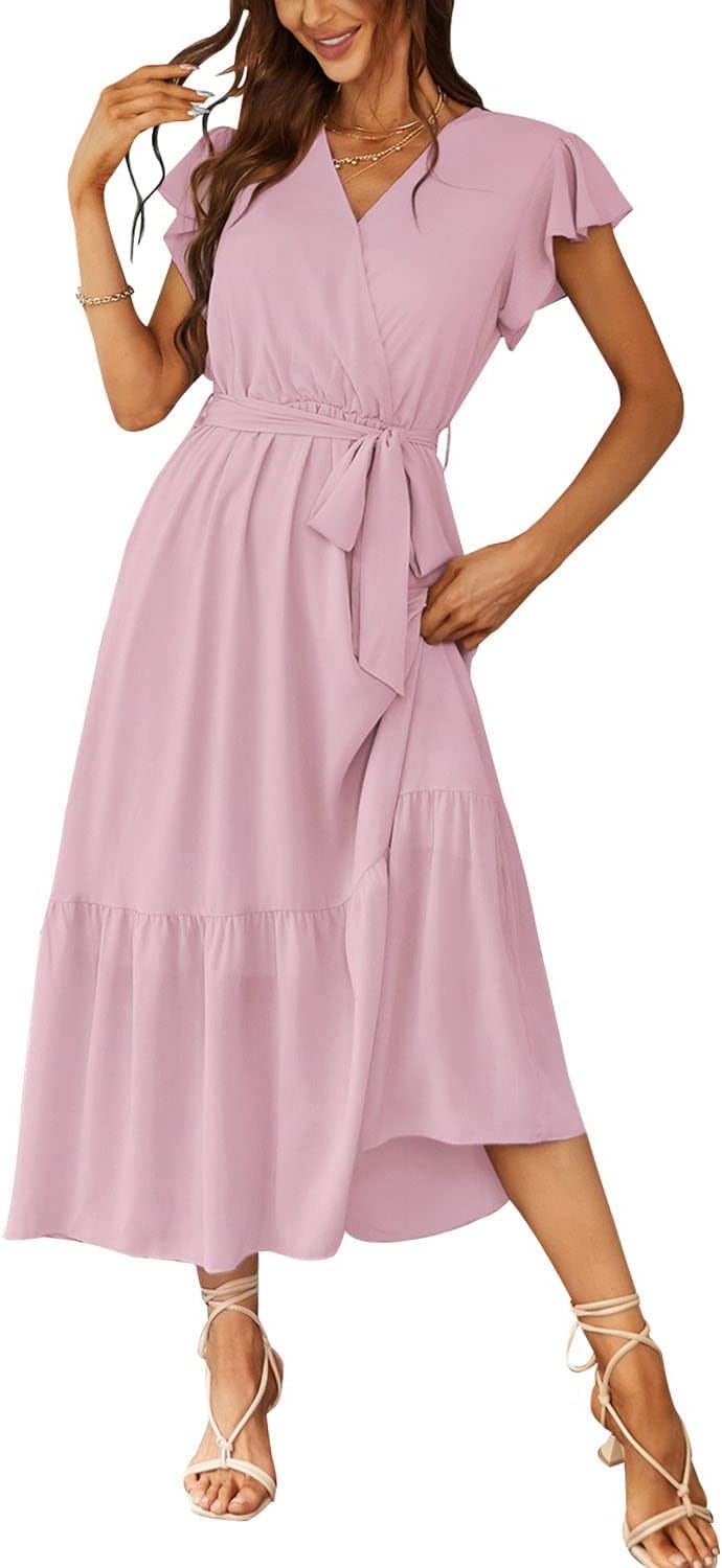 PRETTYGARDEN Women's Summer Floral Boho Dress Wrap V Neck Short Sleeve Ruffle A-Line Flowy Maxi Wedding Guest Dresses