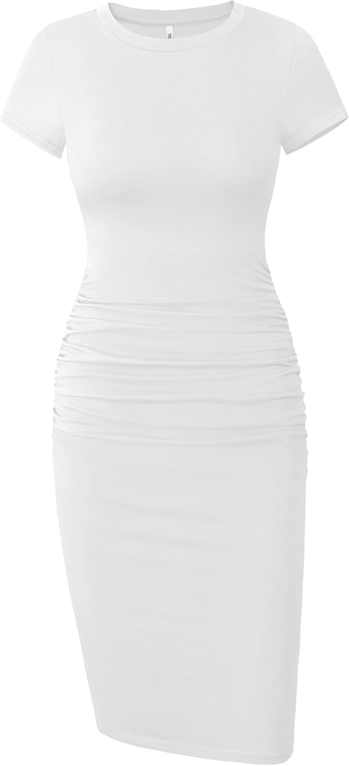 Missufe Women's Short Sleeve Ruched Casual Sundress Midi Bodycon T Shirt Dress