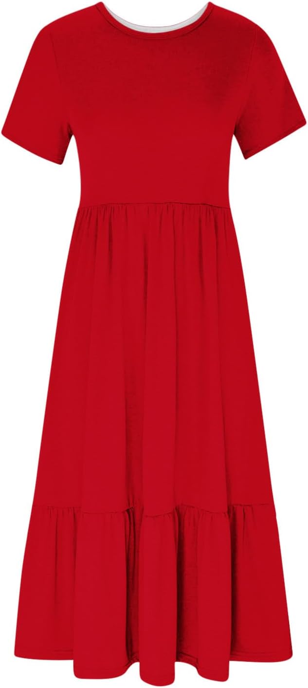 XUNRYAN Summer Dresses for Women 2024 Casual Calf Length Maxi Dress Pleated Flowy Tiered Swing Beach Sundress with Pockets