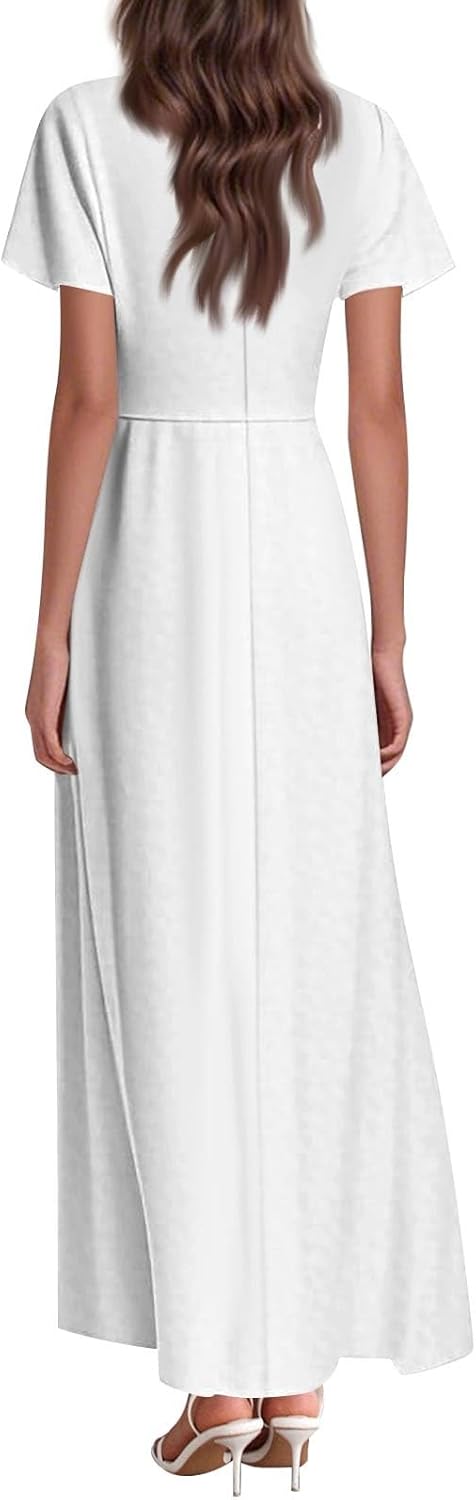 Womens Fashion V Neck Ruffle Short Sleeve Maxi Dress 2025 Summer Elegant Solid Color Flowy A Line Dresses