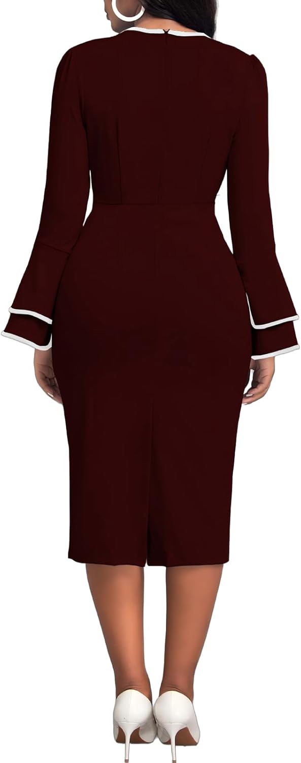 Church Dress for Women Flared Sleeve Midi Pencil Dress Elegant Teacher Office Business Wear to Work Dresses