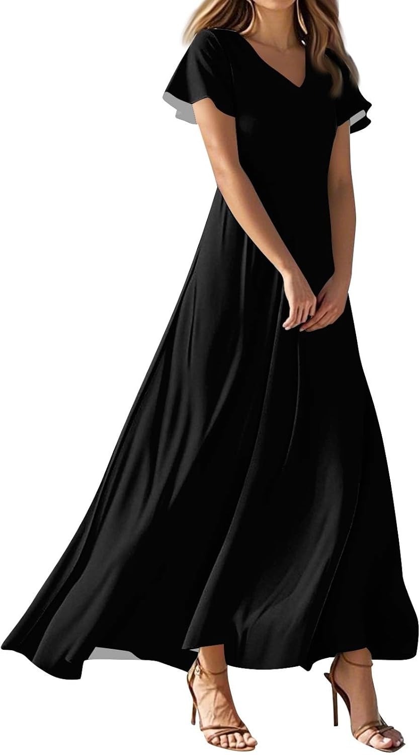 Womens Fashion V Neck Ruffle Short Sleeve Maxi Dress 2025 Summer Elegant Solid Color Flowy A Line Dresses