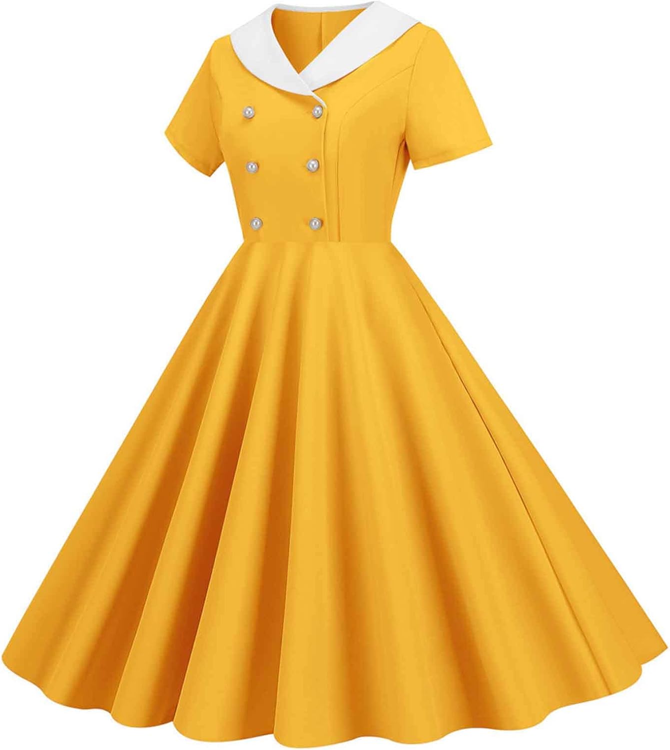 Women Double Breasted Notch Lapel 50s Vintage Short Sleeve Cocktail Swing Dress Polka Dot 1950s Rockabilly Prom Dress