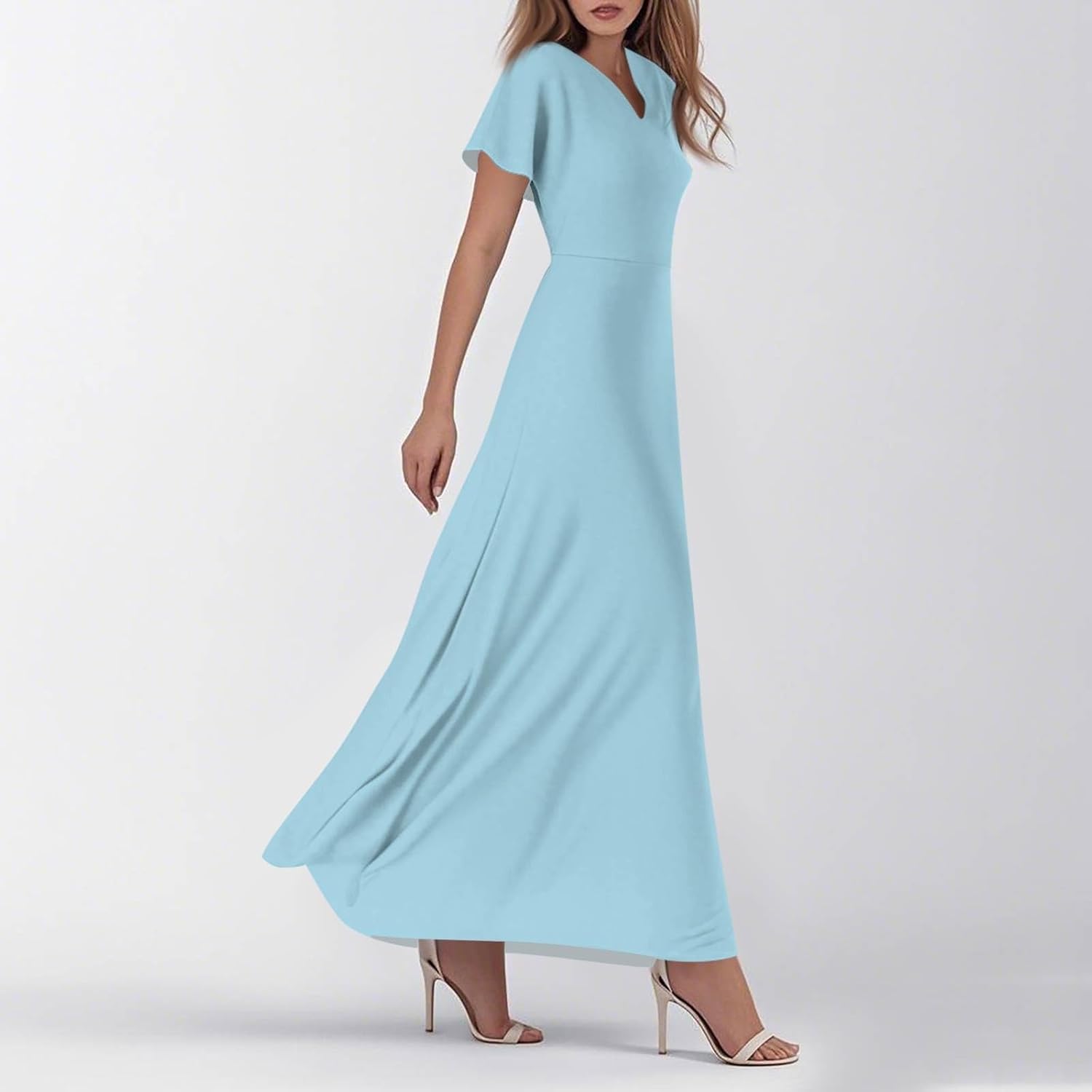 Womens Fashion V Neck Ruffle Short Sleeve Maxi Dress 2025 Summer Elegant Solid Color Flowy A Line Dresses