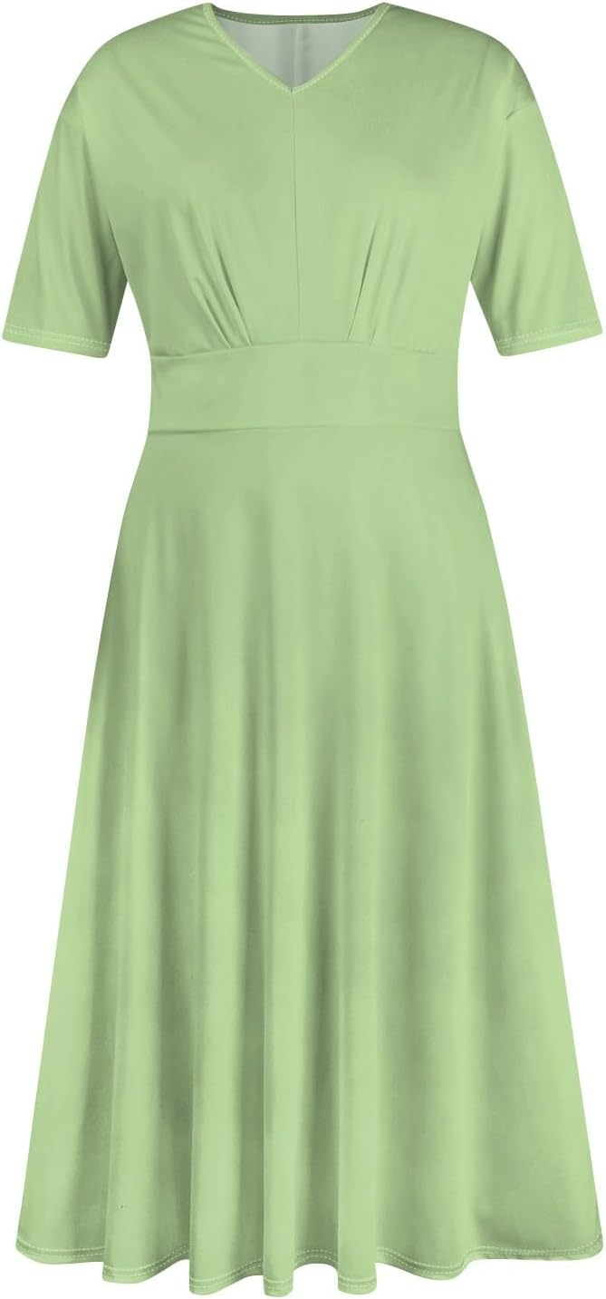 Women's Summer Elegant Cocktail Dress Solid Color Swing V-Neck Party Gown Dresses, S-2XL
