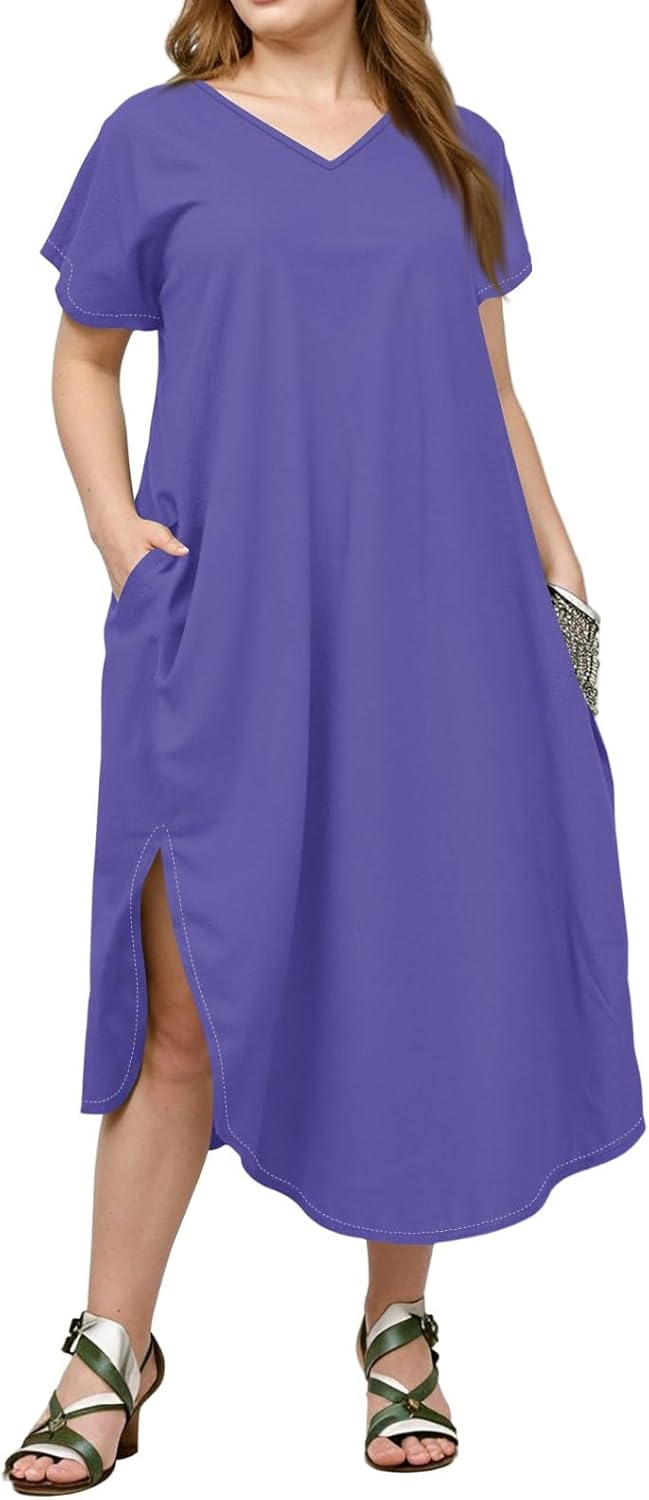 Maxi Dresses for Women 2025 Plus Size Tie Dye V Neck Dress Short Sleeve Side Split Beach Summer Sundress with Pocket