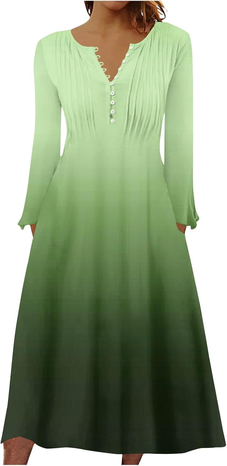 DOPOCQ Fall Women Dresses 2023 Long Sleeve V Neck Plus Size Maxi Dress Boho Dress High Waisted A-Line Dress with Pocket