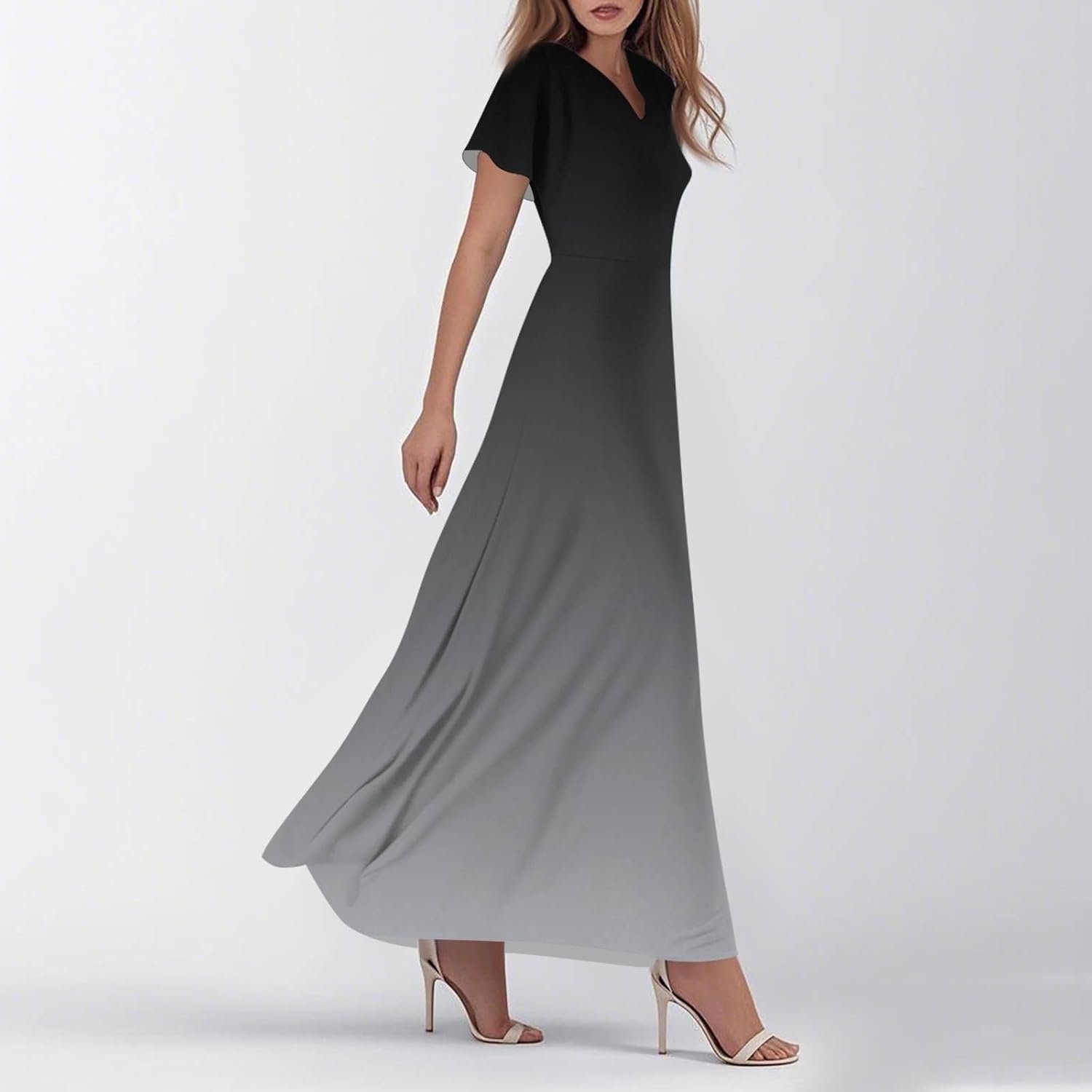 Womens Fashion V Neck Ruffle Short Sleeve Maxi Dress 2025 Summer Elegant Solid Color Flowy A Line Dresses