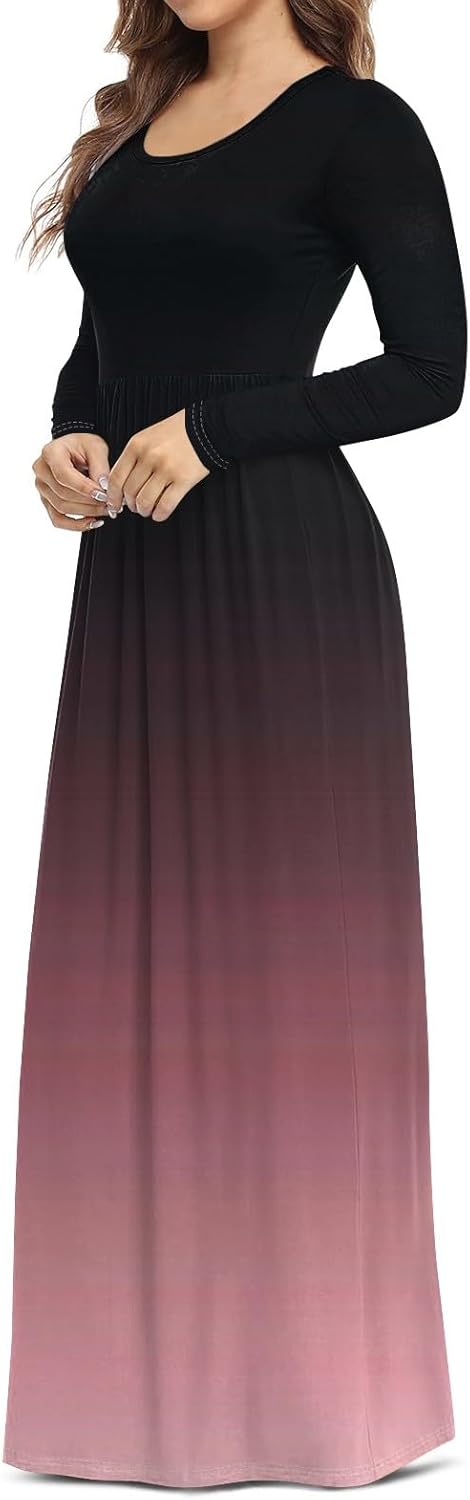 Long Sleeve Maxi Dress for Women Elegant Crew Neck Flowy Swing Dresses Solid Color Wedding Guest Dresses