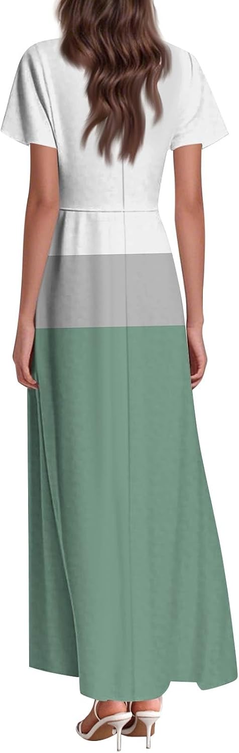 Womens Fashion V Neck Ruffle Short Sleeve Maxi Dress 2025 Summer Elegant Solid Color Flowy A Line Dresses