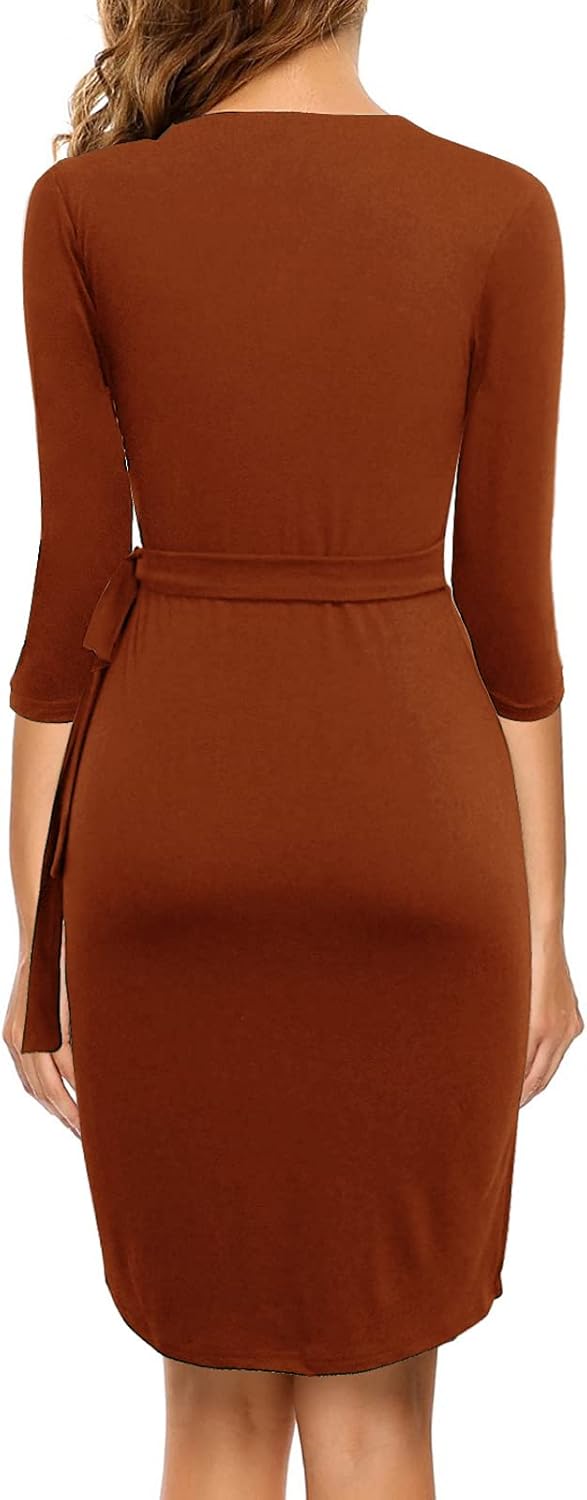 Berydress Women's Classic 3/4 Sleeve V Neck Sheath Casual Party Work Faux Black Wrap Dress