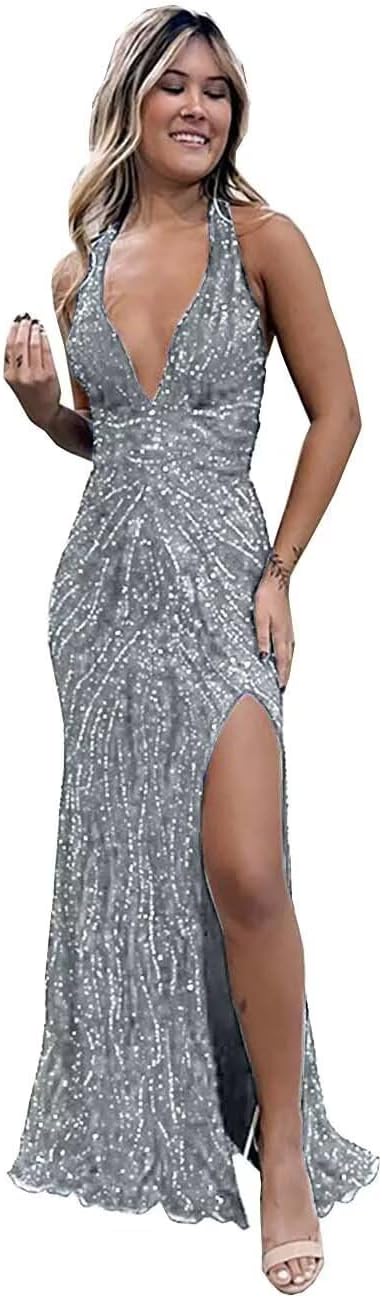 Beaded Evening Gown Deep V-Neck Mermaid Prom Dresses High Split Halter Formal Dress Sleeveless Bodycon Trumpet JS0011