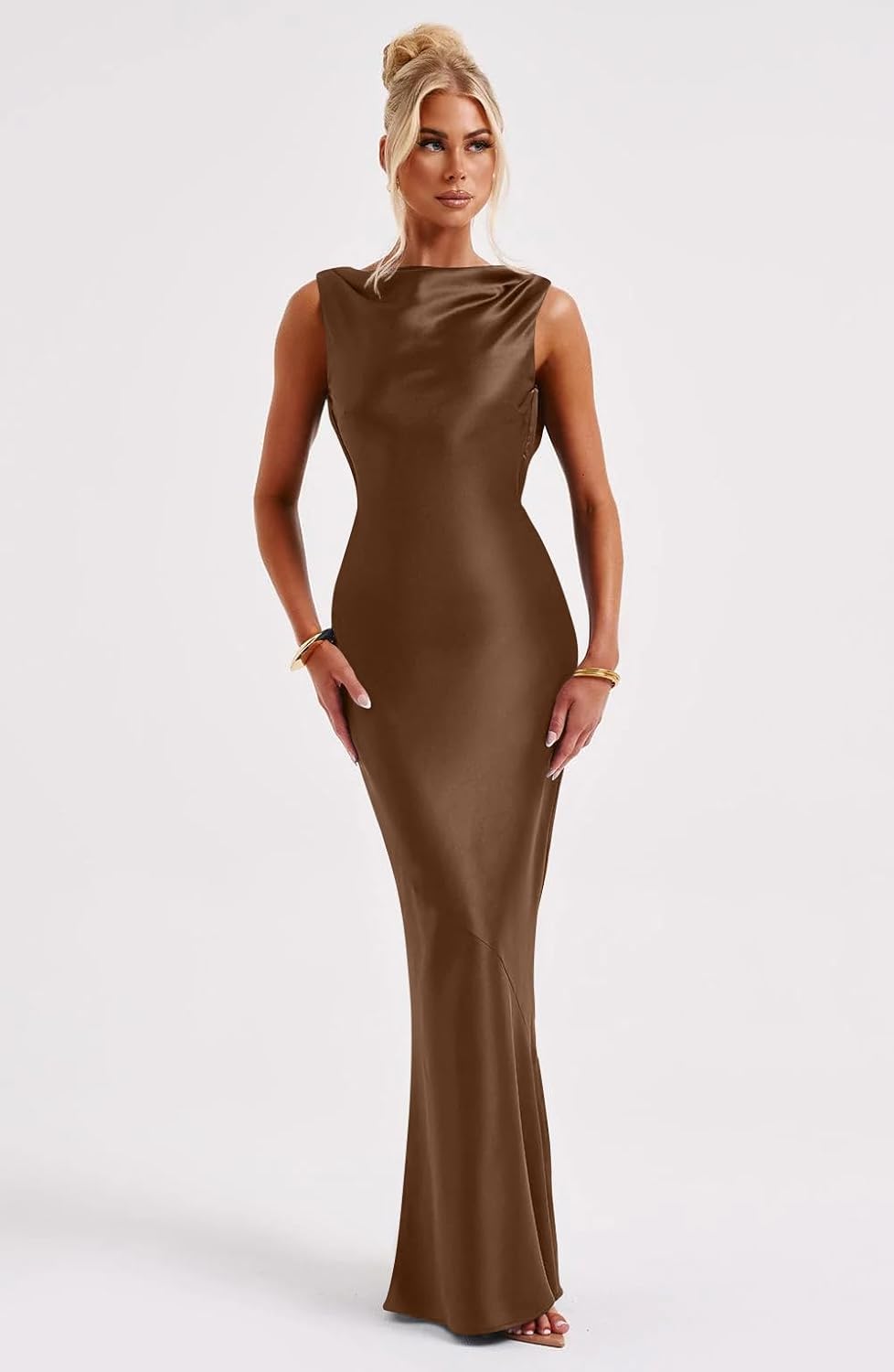 Memoriesea Women's Satin Elegant Sleeveless High Neck Tie Cocktail Party Maxi Dress