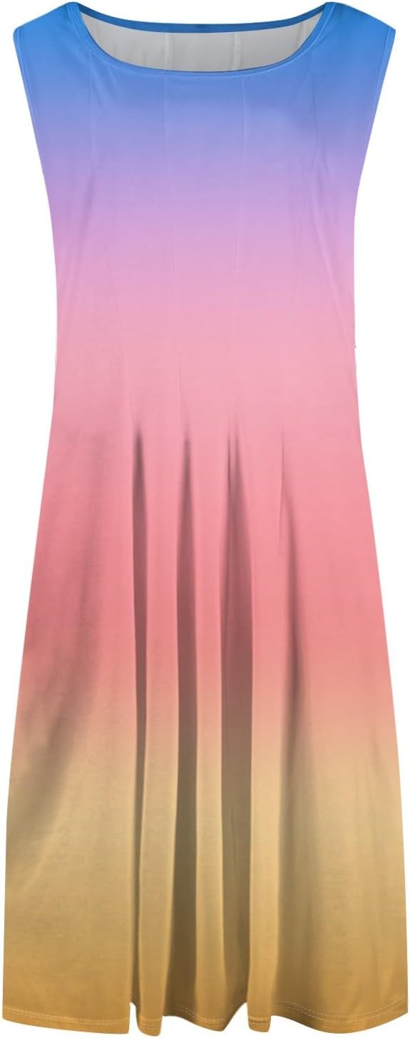 Womens Tank Sundress 2025 Casual Floral Print Tshirt Dress Swing Sleeveless Midi Dress Crewneck Pleated Summer Dresses
