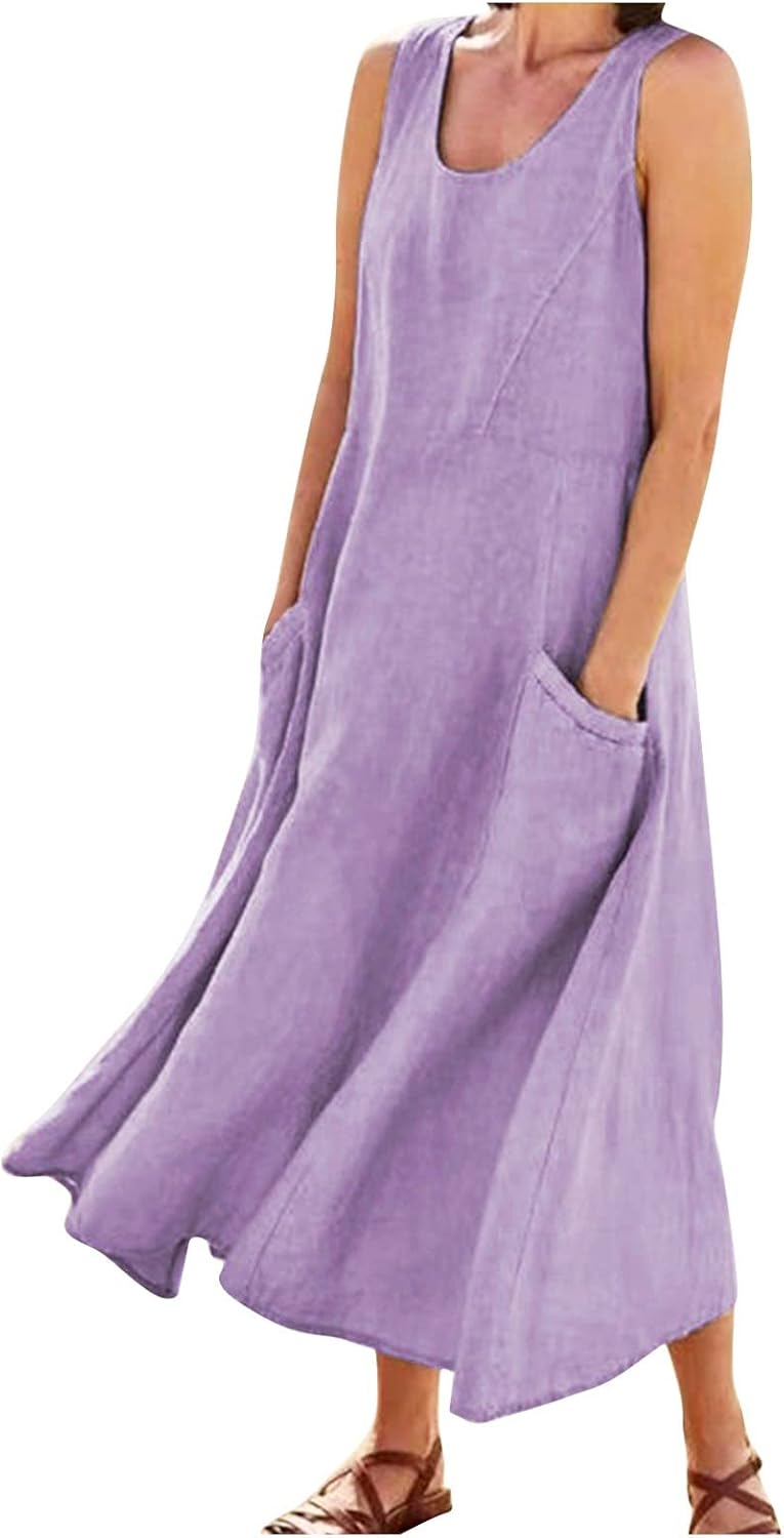 Women's Casual Sleeveless Dresses, Cotton Linen Pocket Dresses Summer Dresses for Women 2024 Sundresses Beach Dress