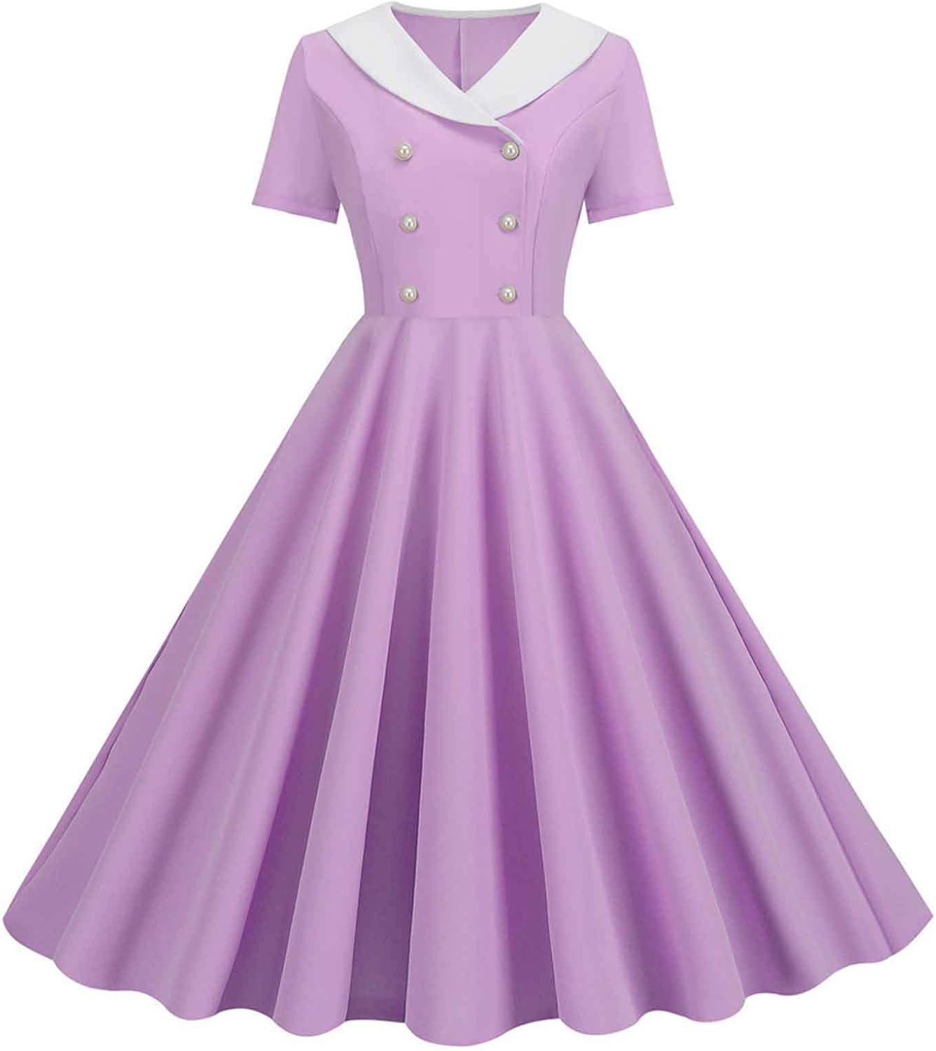 Women Double Breasted Notch Lapel 50s Vintage Short Sleeve Cocktail Swing Dress Polka Dot 1950s Rockabilly Prom Dress