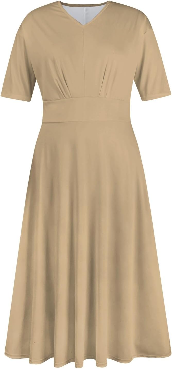 Women's Summer Elegant Cocktail Dress Solid Color Swing V-Neck Party Gown Dresses, S-2XL