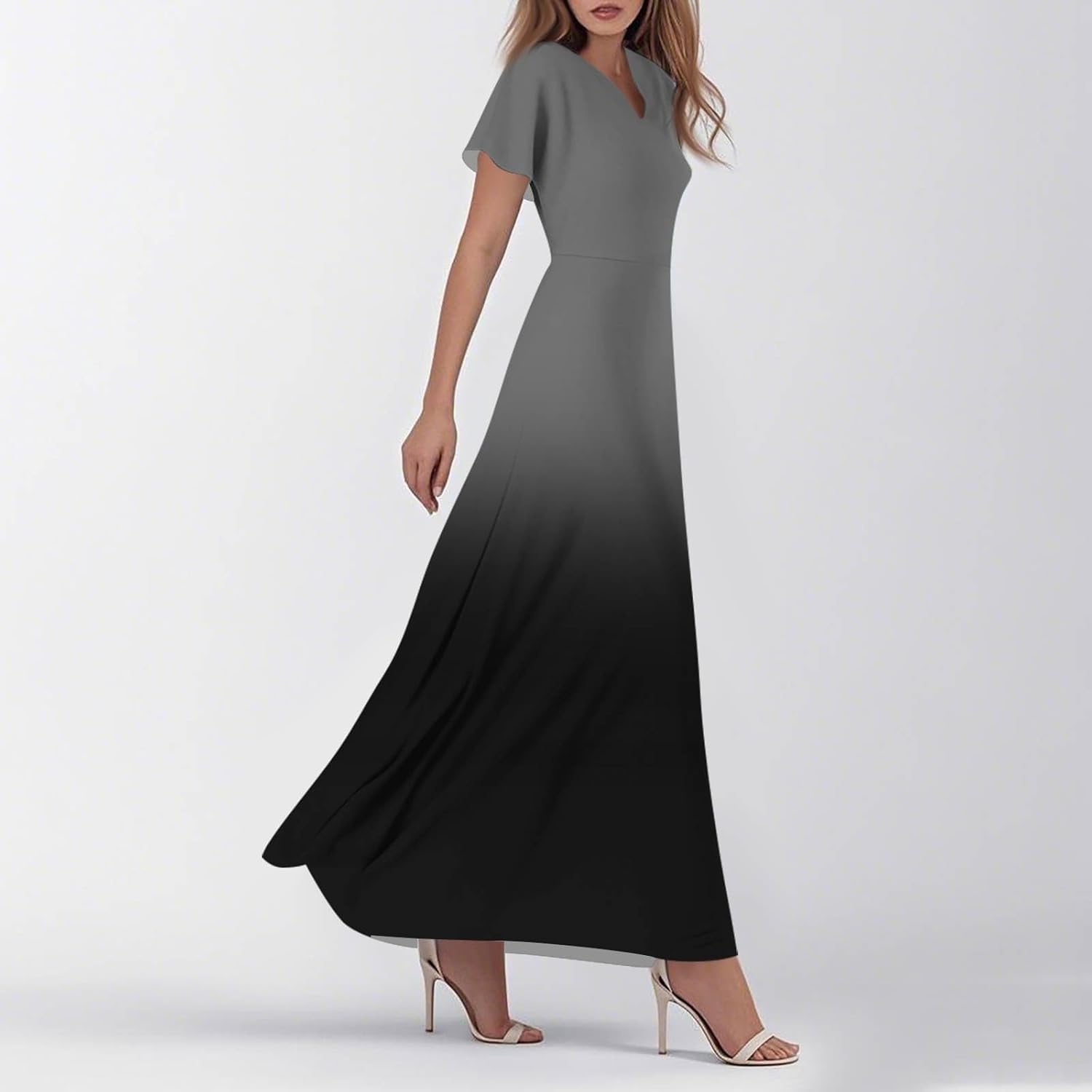 Womens Fashion V Neck Ruffle Short Sleeve Maxi Dress 2025 Summer Elegant Solid Color Flowy A Line Dresses