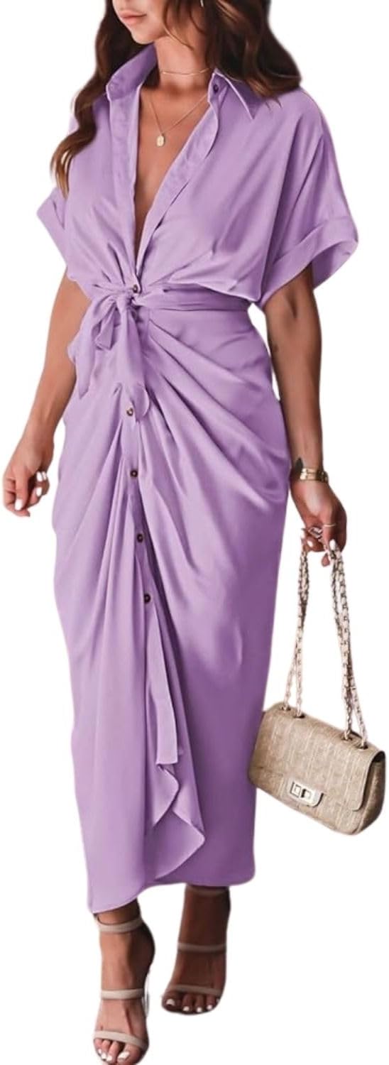 Women's Swing Classic Cute Maxi Ruched Breathable Shirt Dresses Bownot Slim Fitted Dress