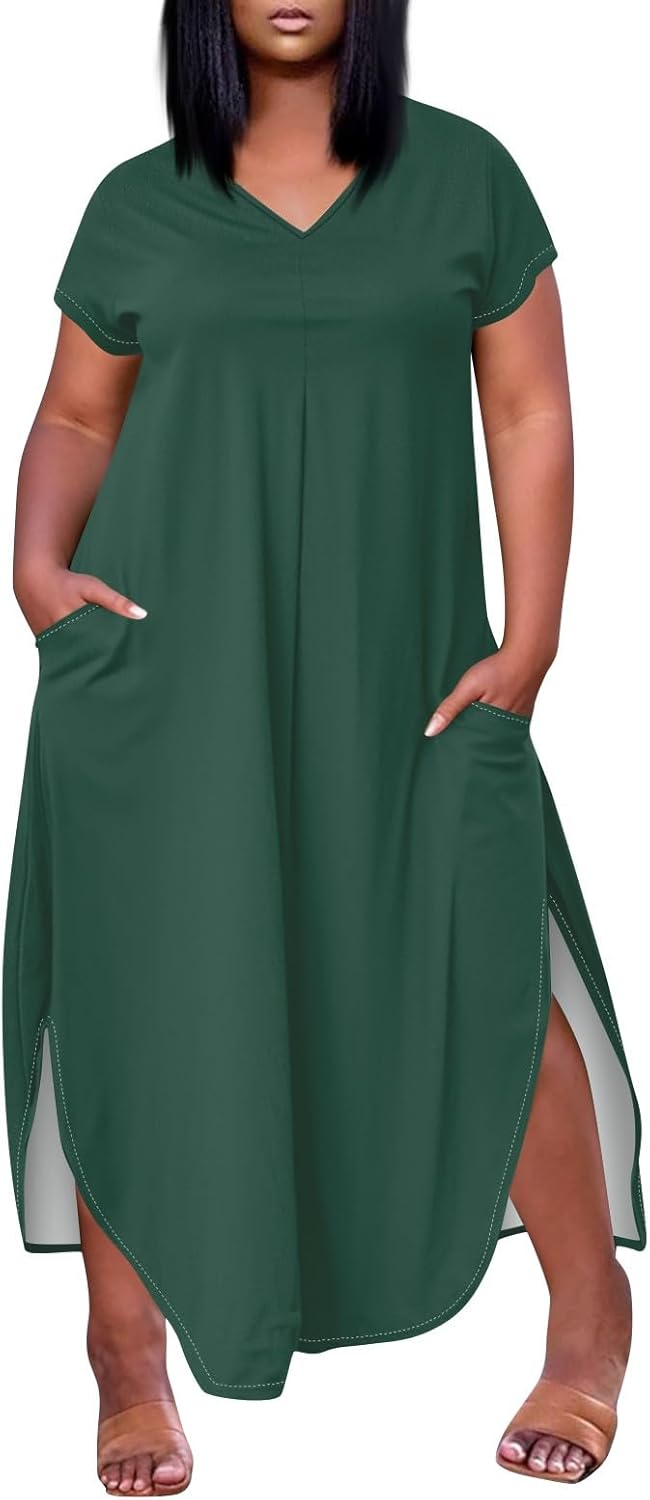 Maxi Dresses for Women 2025 Plus Size Tie Dye V Neck Dress Short Sleeve Side Split Beach Summer Sundress with Pocket