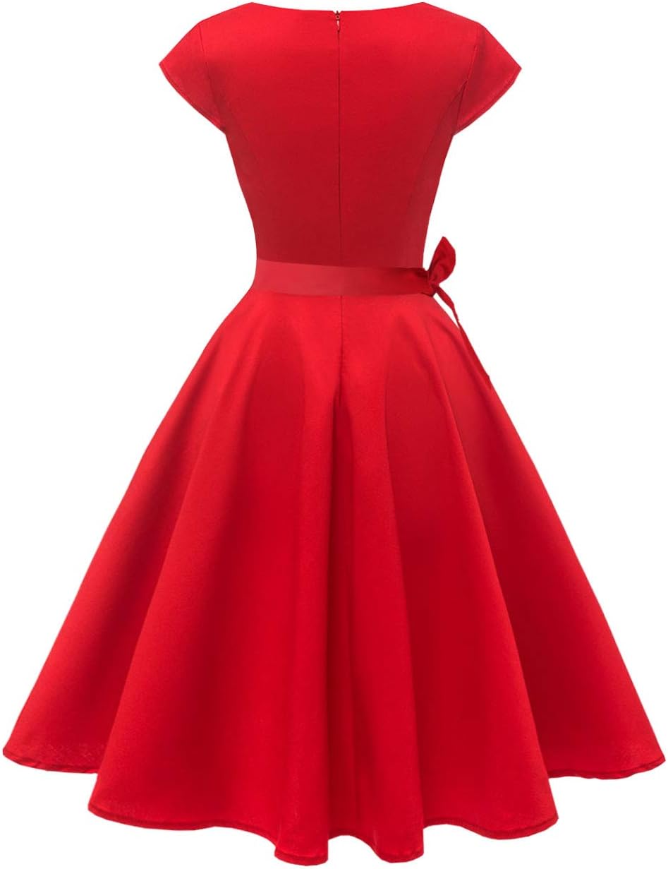 PUKAVT Women's 1950 Boatneck Cap Sleeve Vintage Swing Cocktail Party Dress with Pockets
