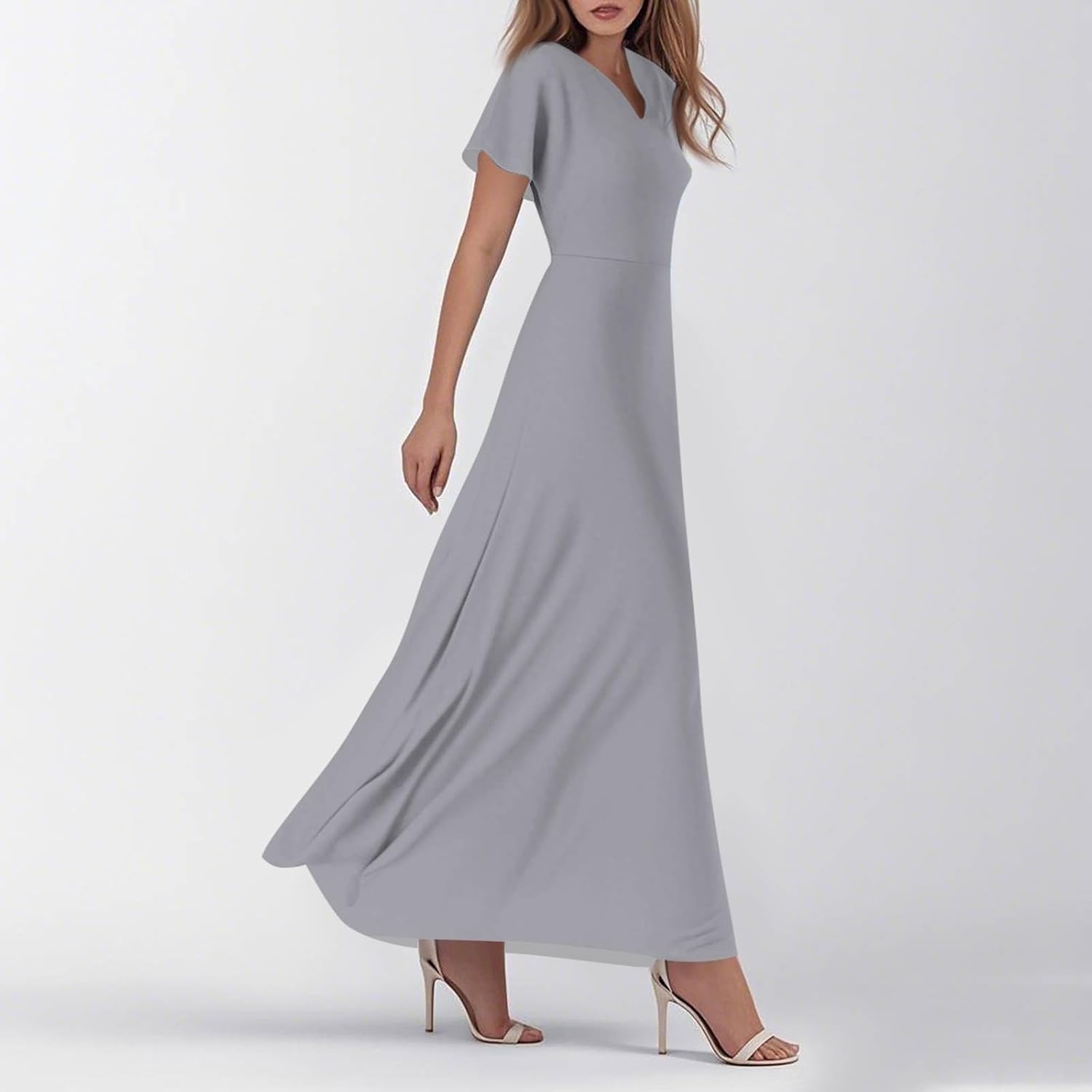 Womens Fashion V Neck Ruffle Short Sleeve Maxi Dress 2025 Summer Elegant Solid Color Flowy A Line Dresses