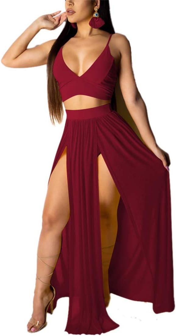 Women Sexy 2 Piece Outfits Dress Chiffon Strap Deep V Neck Bra Crop Top High Split Maxi Dresses Skirt Set