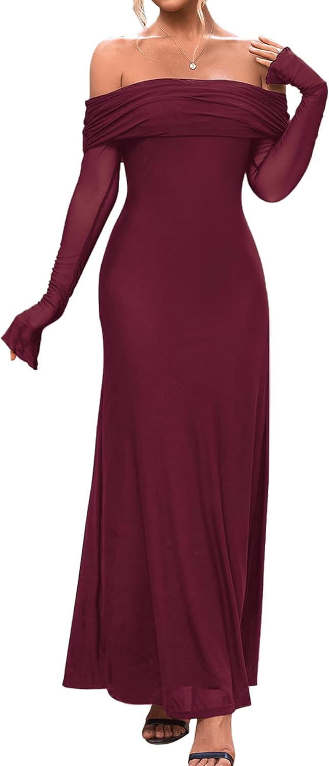 KUTUMAI Women Off Shoulder Bodycon Maxi Dress Long Sleeve Mesh Ruched Party Formal Wedding Guest Dresses