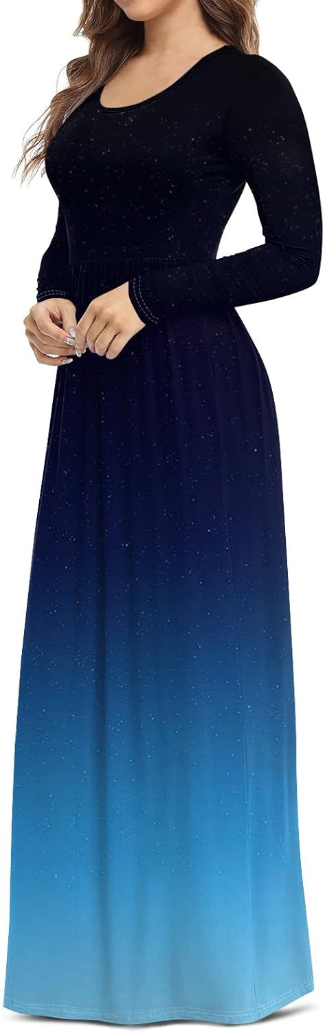 Long Sleeve Maxi Dress for Women Elegant Crew Neck Flowy Swing Dresses Solid Color Wedding Guest Dresses