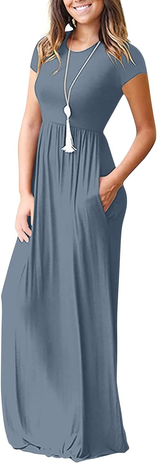 DEARCASE Maxi Dress for Women Short Sleeve Casual Summer Loose Plain Comfy Long Dresses with Pockets