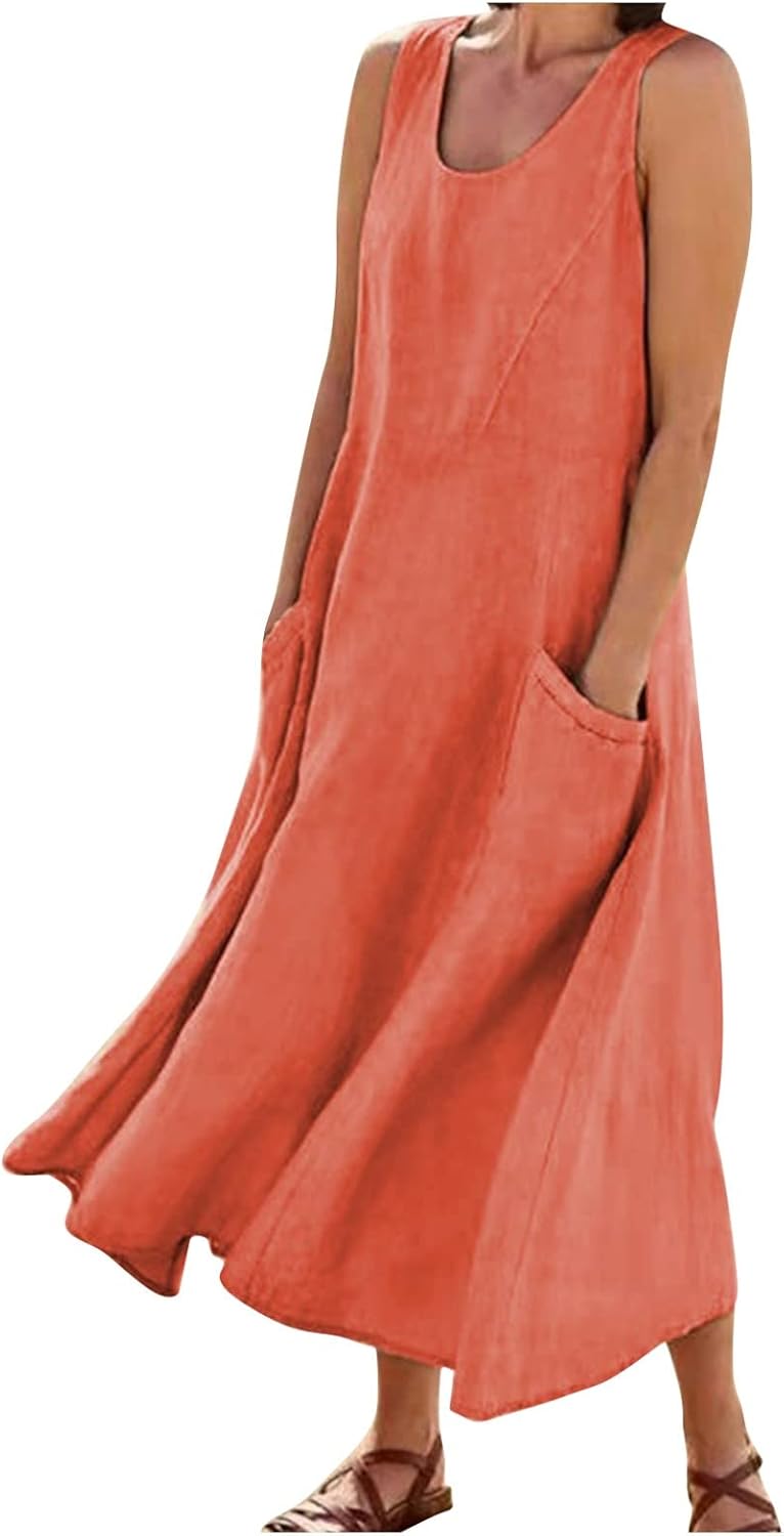 Women's Casual Sleeveless Dresses, Cotton Linen Pocket Dresses Summer Dresses for Women 2024 Sundresses Beach Dress