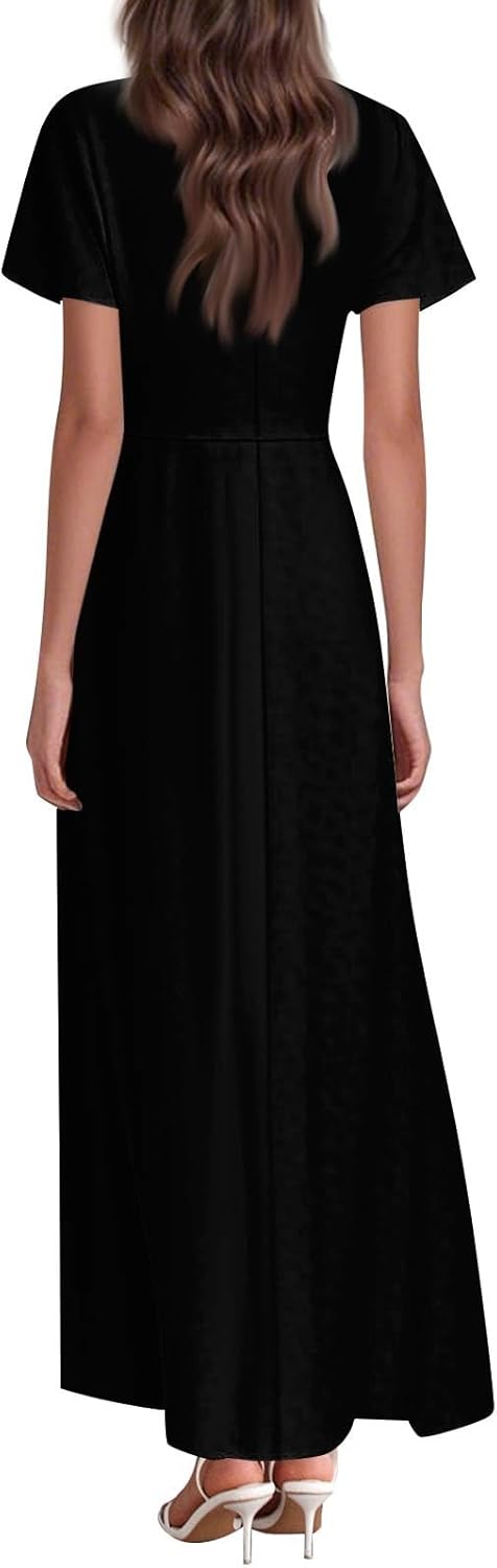 Womens Fashion V Neck Ruffle Short Sleeve Maxi Dress 2025 Summer Elegant Solid Color Flowy A Line Dresses