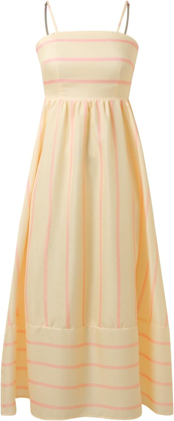 Beach Dresses for Women Summer Striped Back Smocked Maxi Dress Spaghetti Strap Cut Out Flowy A Line Long Sundresses