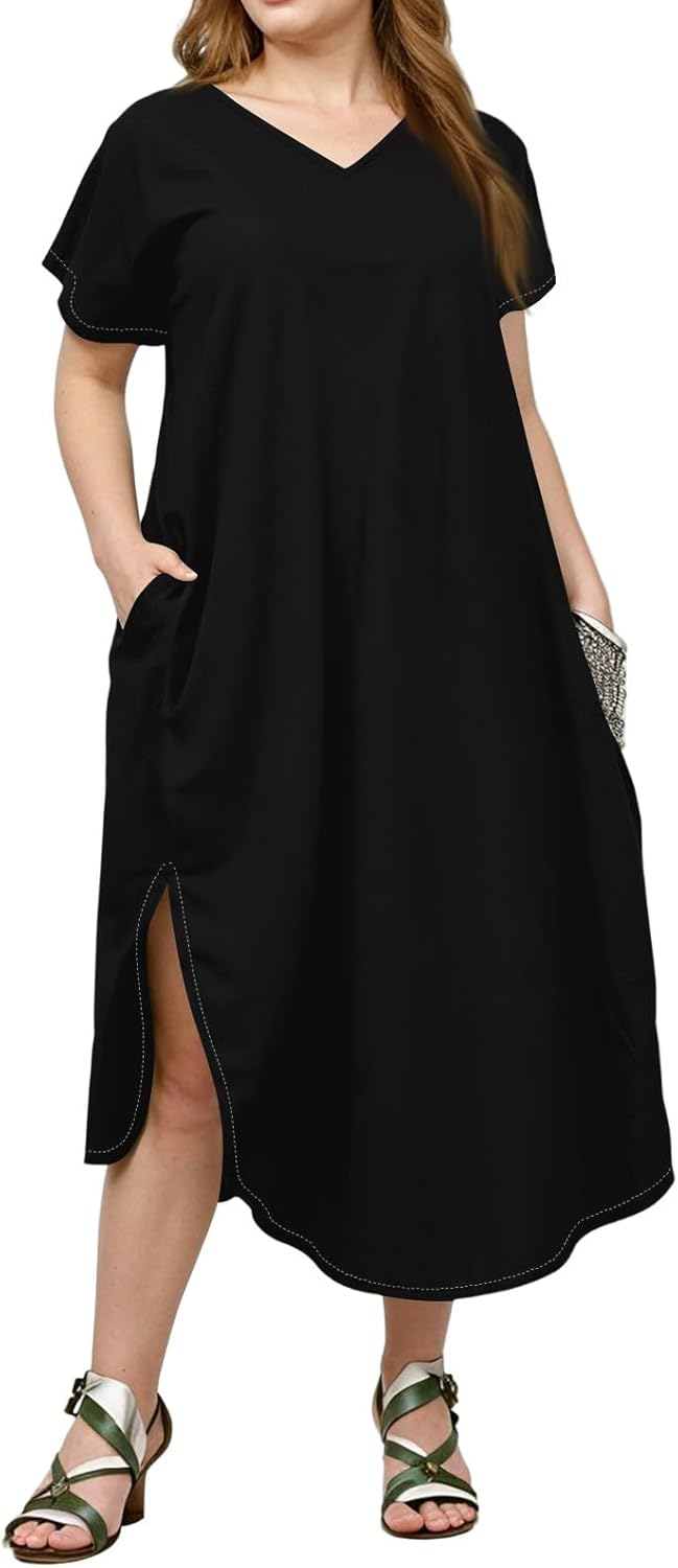 Maxi Dresses for Women 2025 Plus Size Tie Dye V Neck Dress Short Sleeve Side Split Beach Summer Sundress with Pocket