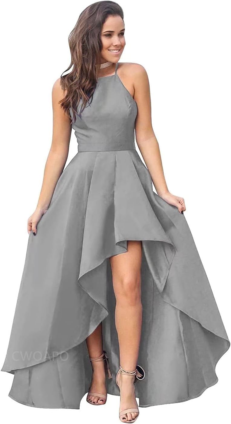 CWOAPO Halter High Low Bridesmaid Dress Evening Dress Satin Homecoming Dresses A Line Cocktail Gowns with Pockets