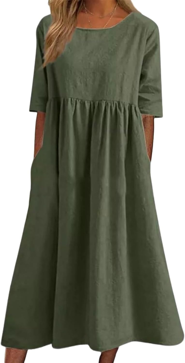 Womens Oversized Baggy Flowy Cotton Linen Maxi Dresses Summer Beach Short Sleeve Round Neck Pleated Dress Sundress