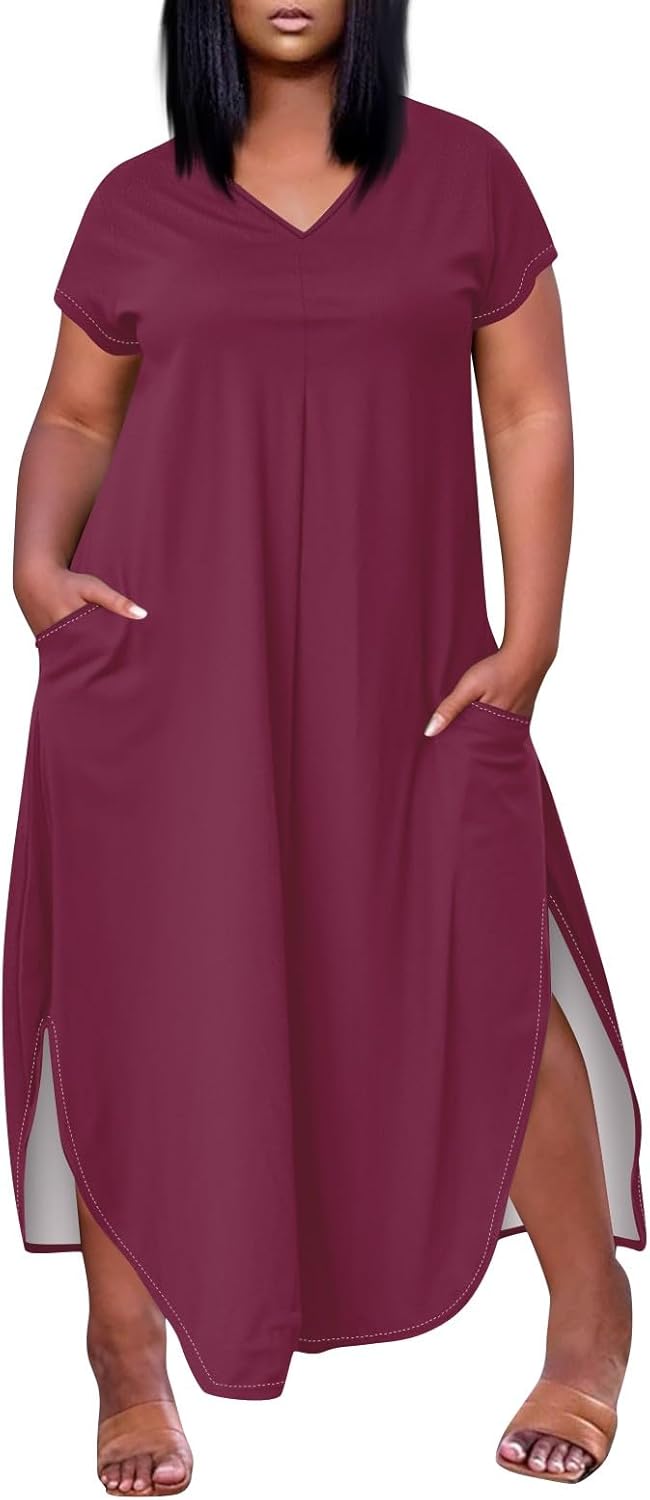 Maxi Dresses for Women 2025 Plus Size Tie Dye V Neck Dress Short Sleeve Side Split Beach Summer Sundress with Pocket