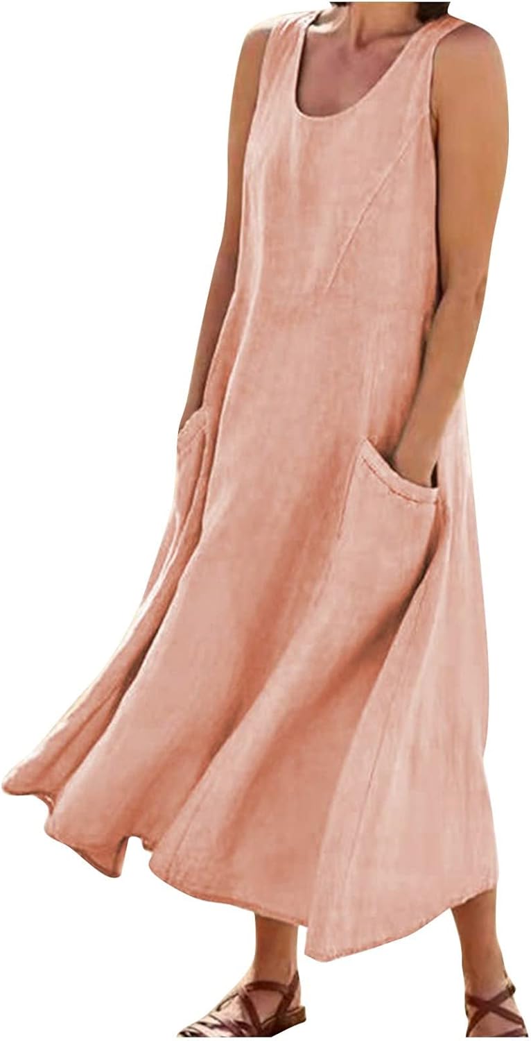 Women's Casual Sleeveless Dresses, Cotton Linen Pocket Dresses Summer Dresses for Women 2024 Sundresses Beach Dress