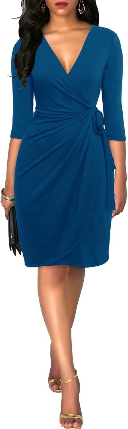 Berydress Women's Classic 3/4 Sleeve V Neck Sheath Casual Party Work Faux Black Wrap Dress