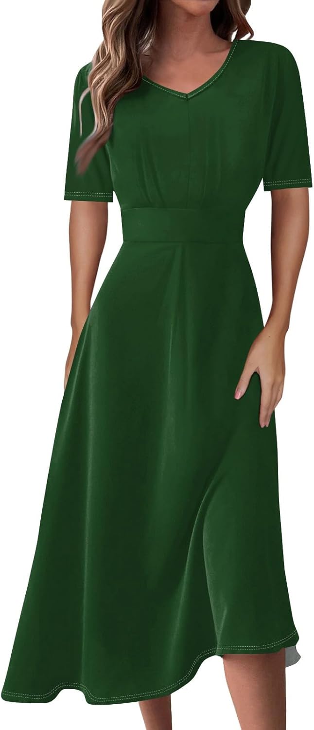 Women's Summer Elegant Cocktail Dress Solid Color Swing V-Neck Party Gown Dresses, S-2XL