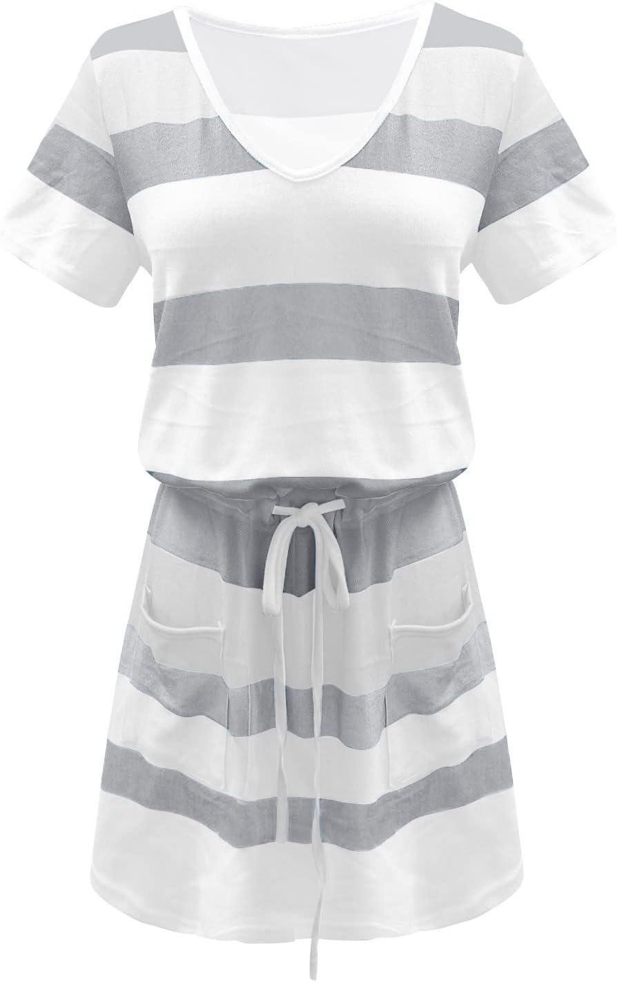 Women Summer Casual Striped Dress Drawstring Waist Tie Knot Mini Dresses Short Sleeve V Neck Tank Dress with Pocket